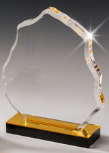 Thumbnail for Die Awards Leverkusen 3-er Serie 178x178 mm - 229x203 mm hat einen klaren, unregelmäßig geformten Acrylglaskörper mit abgeschrägten Kanten auf einem gold-schwarzen Sockel. Perfekt für die Personalisierung mit Lasergravur.