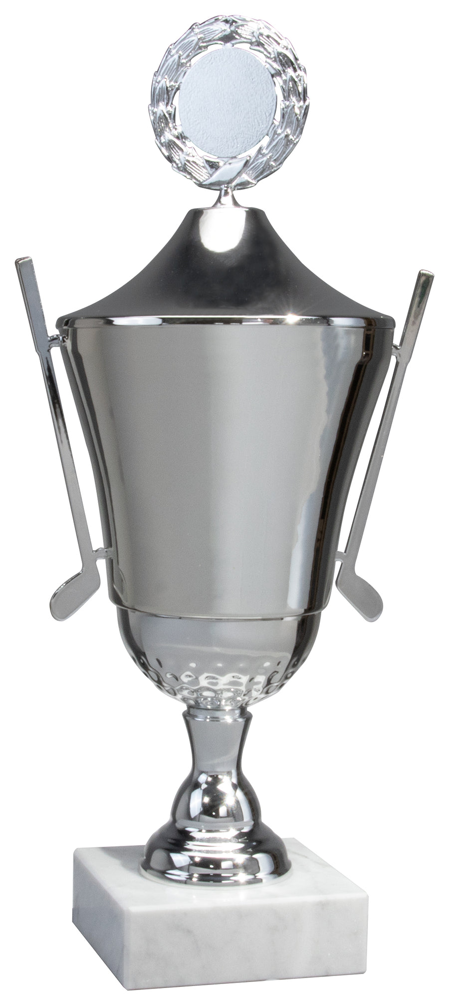 Wanderpokal Stuttgart 460 mm PK740301-W-62607-E50 mit zwei Tragegriffen und dekorativem Detail auf weißem Marmorsockel.