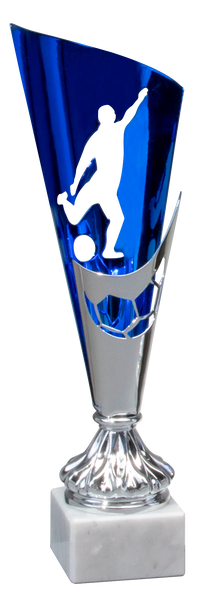 Thumbnail for Der Wanderpokal Karlsruhe 310 mm – 330 mm PK740350-W mit seinem blau-silbernen Design mit der Figur einer Person, die einen Fußball kickt, montiert auf einem weißen Marmorsockel, zeigt ein exklusives Design, das jeder Ehrenpreisverleihung würdig ist.