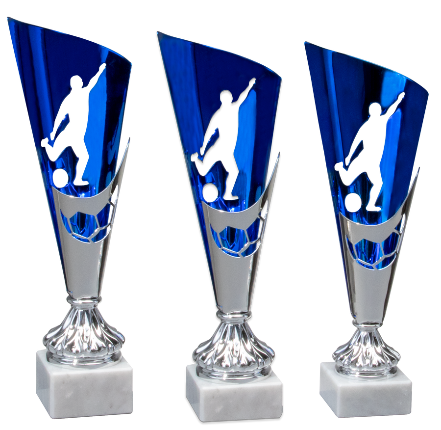 Drei 3er-Serie Fußball 310 mm – 330 mm PK740350-3 mit einer Fußballspieler-Silhouette auf weißen Sockeln.