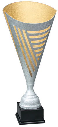 Thumbnail for Ein eleganter kegelförmiger Wanderpokal München 730 mm PK740422-W-62714 in Silber und Gold mit vertikalen Schlitzen, montiert auf einem schwarzen quadratischen Sockel, perfekt als besondere Auszeichnung oder unvergessliches Geschenk.