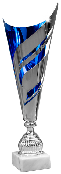 Thumbnail for Der Wanderpokal Bremen 445 mm – 525 mm PK740490-W verfügt über ein modernes, eckiges Design in Silber und Blau, elegant platziert auf einem quadratischen, weißen Marmorsockel, der hochwertige Materialien zur Schau stellt.