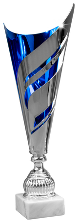 Thumbnail for Die Pokale Rodgau 3-er Pokalserie 445 mm - 525 mm zeichnet sich durch ein hohes, silber-blaues, modernes Design mit kantigen Rundungen, Aussparungen und spiegelnden Flächen auf einem quadratischen weißen Marmorsockel aus - eine beeindruckende Auszeichnung für jede Leistung.