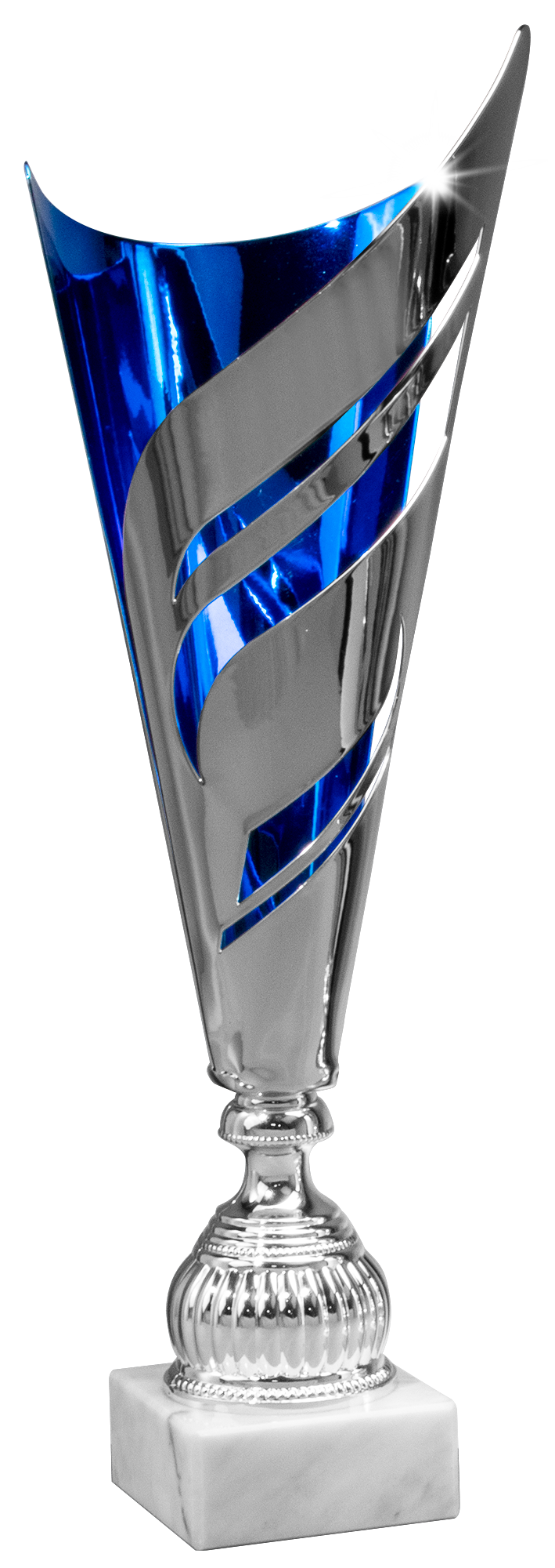 Die Pokale Rodgau 3-er Pokalserie 445 mm - 525 mm zeichnet sich durch ein hohes, silber-blaues, modernes Design mit kantigen Rundungen, Aussparungen und spiegelnden Flächen auf einem quadratischen weißen Marmorsockel aus - eine beeindruckende Auszeichnung für jede Leistung.