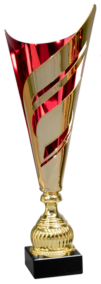 Thumbnail for Ein gold-roter Wanderpokal Essen 445 mm – 535 mm PK740500-W mit einem Spiraldesign auf schwarzem Untergrund und einem exklusiven Design vor einem Hintergrund mit Farbverlauf.