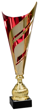 Thumbnail for Ein gold-roter Pokal Neunkirchen 3-er Pokalserie 445 mm – 535 mm mit ausgeschnittenen Details, montiert auf einem schwarzen Sockel.