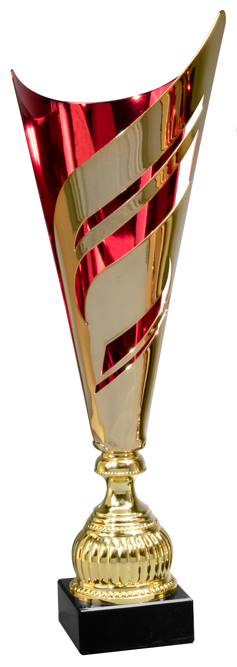 Ein gold-roter Pokal Neunkirchen 3-er Pokalserie 445 mm – 535 mm PK740500-3 mit ausgeschnittenen Details, montiert auf einem schwarzen Sockel.