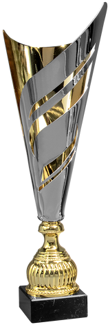 Thumbnail for Die Pokale Schwerte 3-er Pokalserie 445 mm - 535 mm zeichnet sich durch ein hohes, modernes Design mit einer Gold- und Silberspirale auf einem schwarzen Marmorsockel aus - ein eleganter Metallpokal, der sich perfekt als Auszeichnung für jede Leistung eignet.