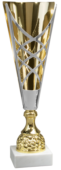 Thumbnail for Der Wanderpokal Hannover 420 mm – 505 mm PK740530-W ist eine hohe Trophäe mit einem Gitterdesign in Gold und Silber, montiert auf einem runden Sockel mit weißem Marmorsockel.