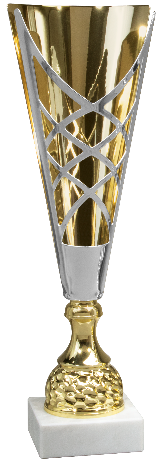 Der Wanderpokal Hannover 420 mm – 505 mm PK740530-W ist eine hohe Trophäe mit einem Gitterdesign in Gold und Silber, montiert auf einem runden Sockel mit weißem Marmorsockel.