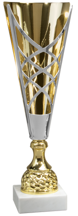 Thumbnail for Die Pokale Albstadt 3-er Pokalserie 420 mm - 505 mm besticht durch ihr gold- und silberfarbenes Gittermuster auf weißem Marmorsockel und ist damit ein beeindruckender Ehrenpreis für jede Auszeichnungszeremonie.