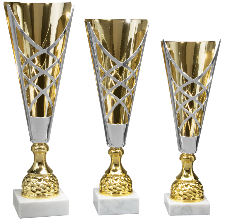 Die Pokale Albstadt 3-er Pokalserie (420 mm - 505 mm ) zeigt drei goldene und silberne Trophäen im Kreuzdesign auf weißen Marmorsockeln - der ideale Ehrenpreis für jede Leistung.