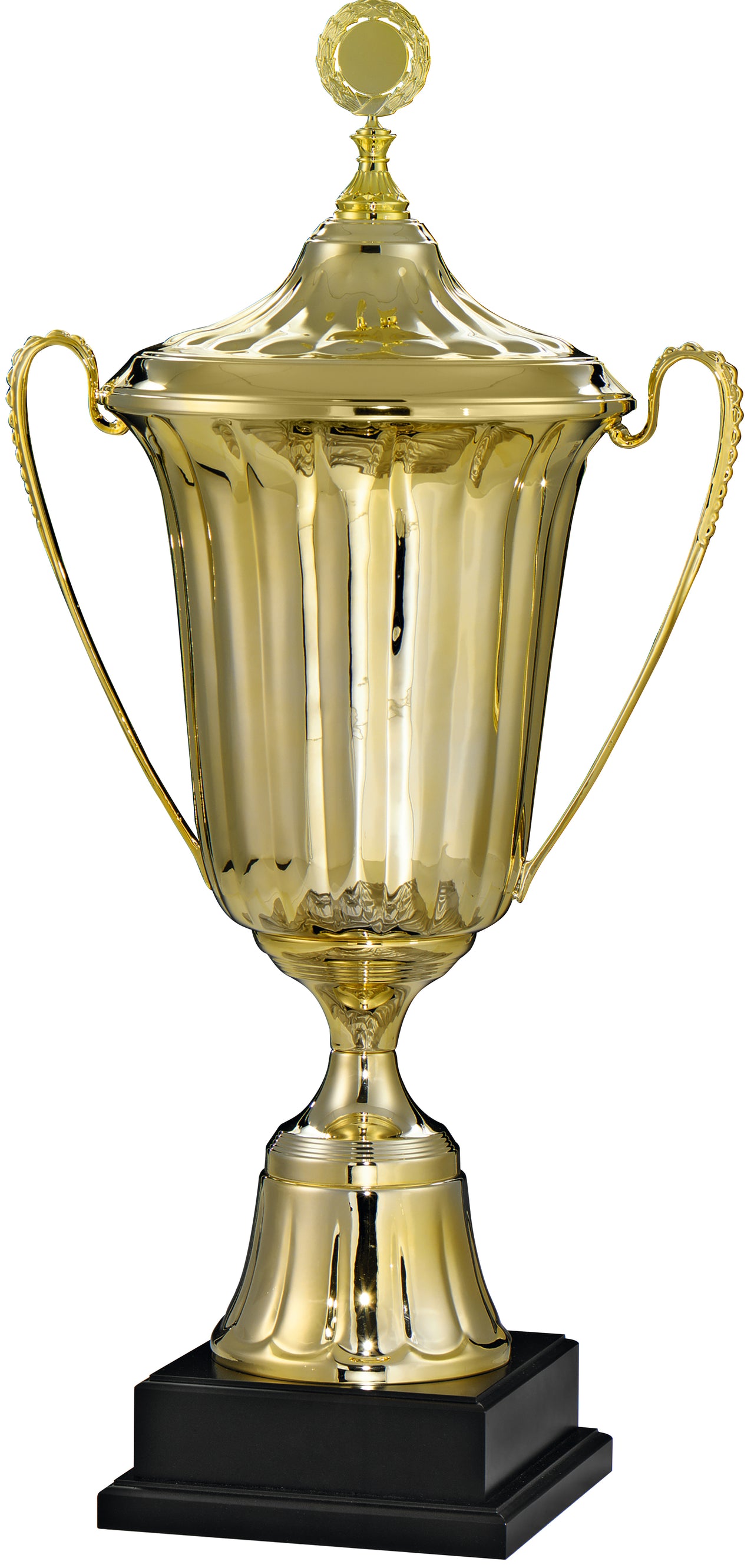 Der Wanderpokal Hamburg 1110 mm PK752260-W-62714-E50 ist eine große goldene Trophäe mit zwei Griffen, einem gewölbten Deckel mit einem kreisförmigen Ornament darauf und montiert auf einem schwarzen Sockel, gefertigt aus hochwertigem Material.