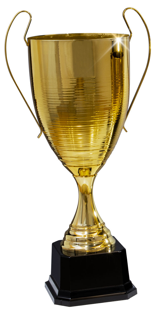 Der Wanderpokal Bielefeld 584 mm – 700 mm PK756640-W, ein großer goldener Pokal mit zwei Henkeln, sitzt auf einem schwarzen Sockel und dient als exquisites Erinnerungsstück und Auszeichnung.