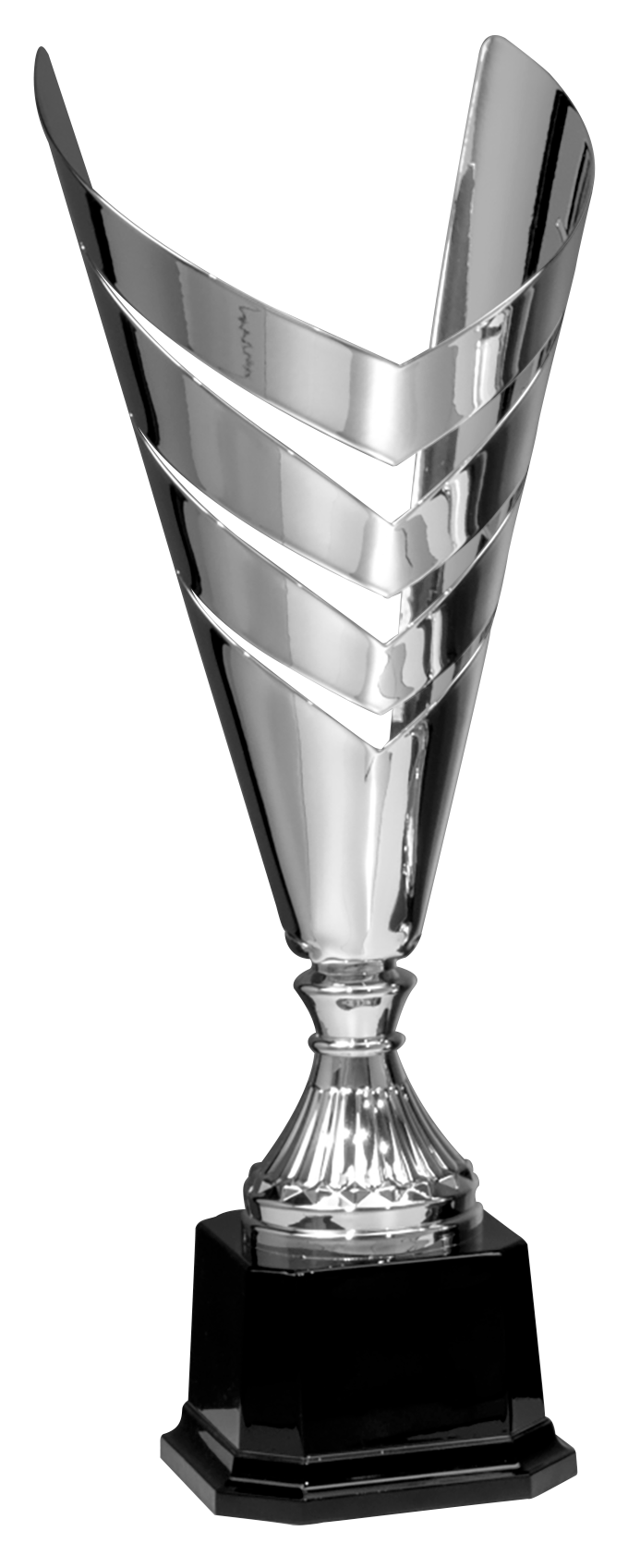 Ein eleganter, silberner Wanderpokal Nürnberg 427 mm – 497 mm PK756690-W mit einem einzigartigen Spiraldesign, montiert auf einem schwarzen Sockel und vor einem schlichten Hintergrund.