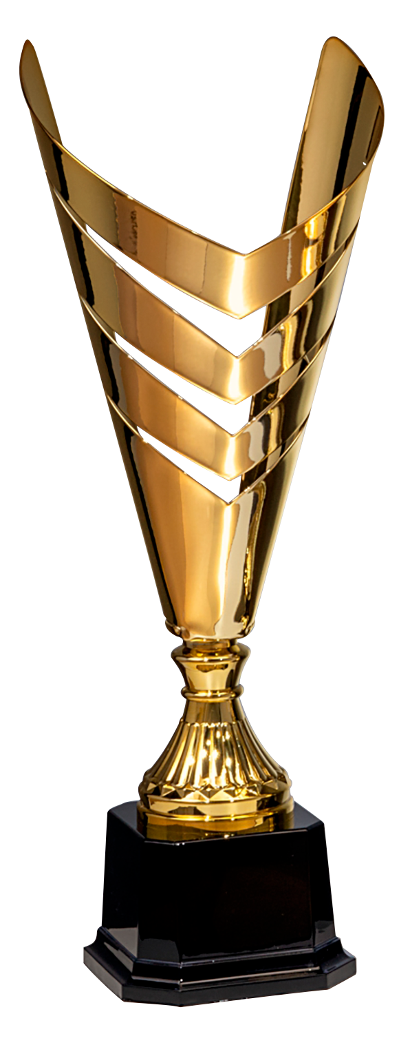 Der Wanderpokal Duisburg 427 mm – 497 mm PK756700-W mit 3 elegant geschwungenen Bändern an der Oberseite und einem schwarzen Sockel dient als zeitloses Erinnerungsstück.