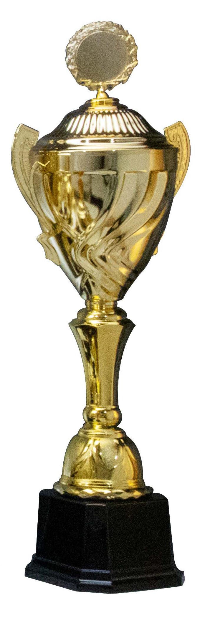 Eine goldene Trophäe mit exklusivem Design, mit einem runden Emblem auf der Oberseite und verzierten Griffen auf beiden Seiten. Diese exquisite Pokale Eisenach 3-er Pokalserie 360 mm - 418 mm PK756710-3-E50 ist elegant auf einem schwarzen Sockel montiert.
