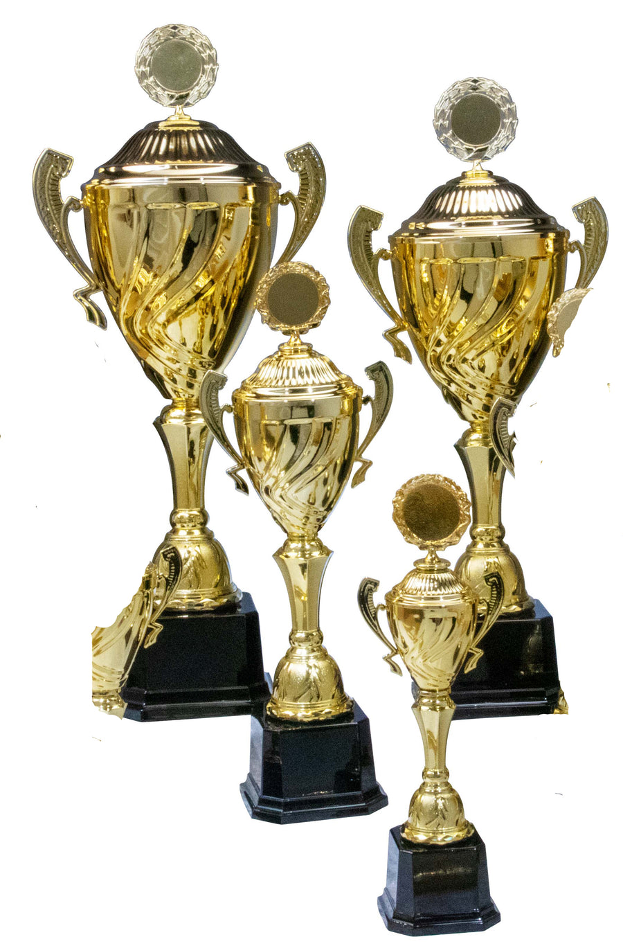 Vier goldene Pokale Dreieich-Trophäen in unterschiedlichen Größen mit schwarzem Sockel sind in einer Gruppe angeordnet und stellen die perfekte Auszeichnung für jede Leistung dar.