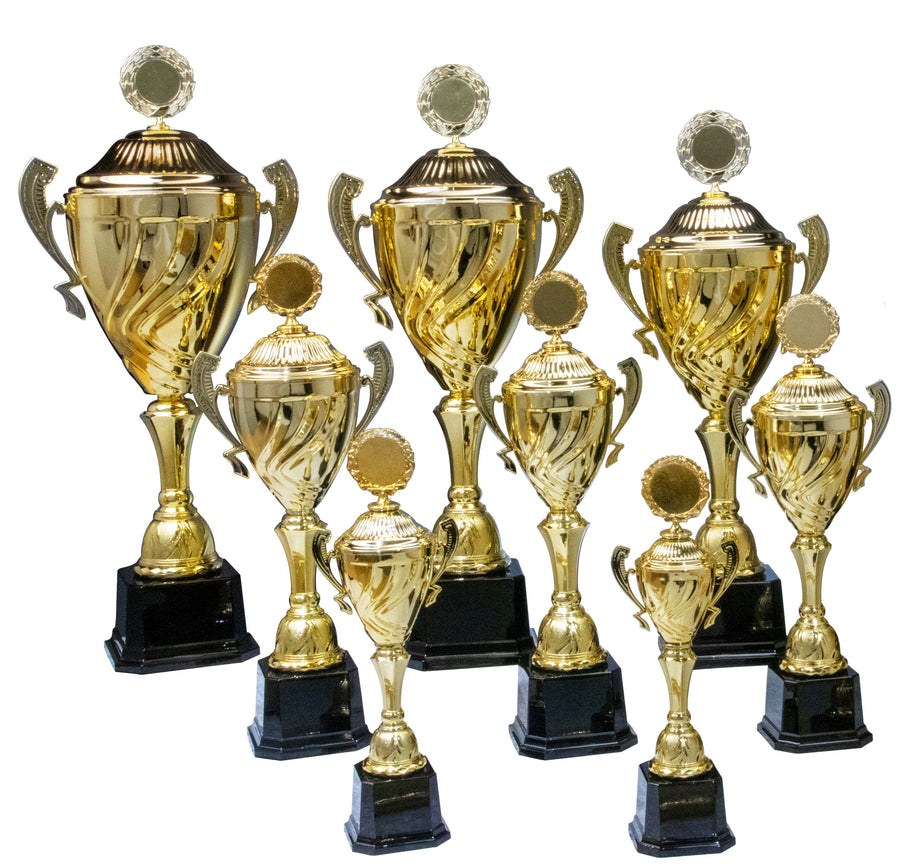 Die „Pokale Amberg 8-er Pokalserie mit Deckel 360 mm - 554 mm PK756710-8-E50“ ist eine Kollektion aus acht goldenen Trophäen mit schwarzem Sockel, unterschiedlicher Höhe und Größe, die zu einer Gruppe angeordnet sind – ein exklusives Trophäenset, das sich perfekt als ideales Geschenk eignet.
