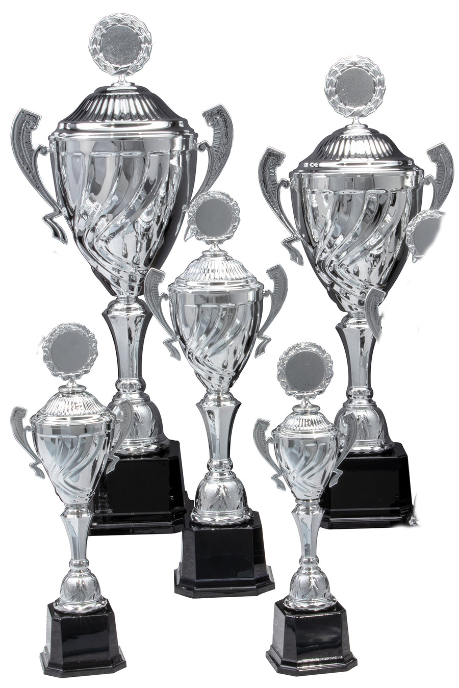 Fünf silberne Pokale in unterschiedlichen Größen mit schwarzem Sockel und exklusivem Design, angeordnet auf weißem Hintergrund. 

Pokale Schwäbisch Hall 5-er Pokalserie 360 mm - 480 mm PK756730-5-E50