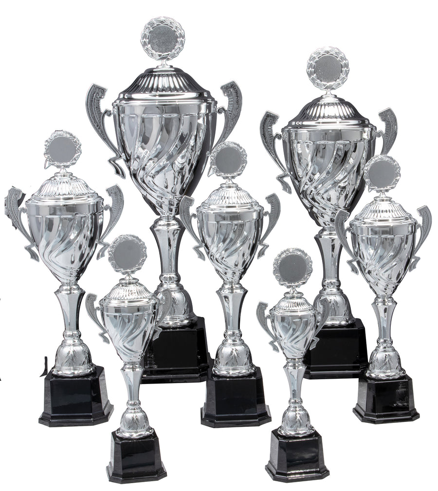 Eine Sammlung von sieben unterschiedlich großen, in einer Gruppe angeordneten Silbertrophäen dient als glänzende Pokale Wunstorf 7-er Pokalserie mit Deckel 360 mm - 535 mm PK756730-7-E50 für herausragende Leistungen.