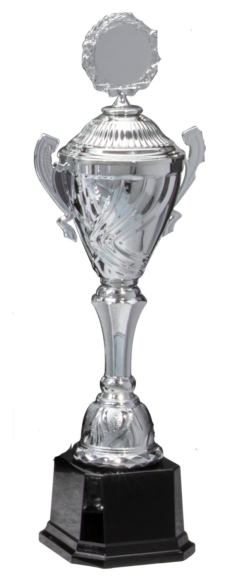 Wanderpokal Aachen 360 mm – 720 mm PK756730-W-E50 mit rundem Emblem auf der Oberseite, Griffen an beiden Seiten und schwarzem Sockel, gefertigt aus hochwertigem Material auf dunklem Hintergrund.