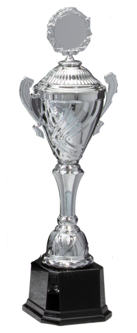 Thumbnail for Wanderpokal Aachen 360 mm – 720 mm PK756730-W-E50 mit rundem Emblem auf der Oberseite, Griffen an beiden Seiten und schwarzem Sockel, gefertigt aus hochwertigem Material auf dunklem Hintergrund.