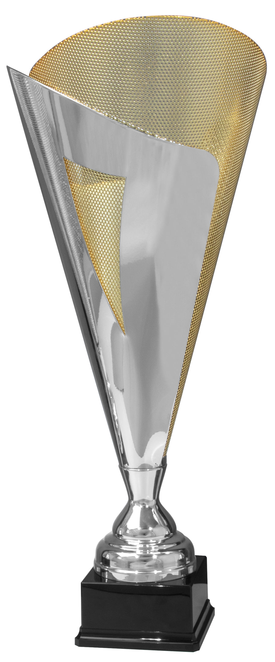 Ein großer, moderner Wanderpokal Köln mit den Maßen 897 mm, mit einem geometrischen Design in Silber und Gold auf einem schwarzen rechteckigen Sockel, Modell PK756792-W-62714.