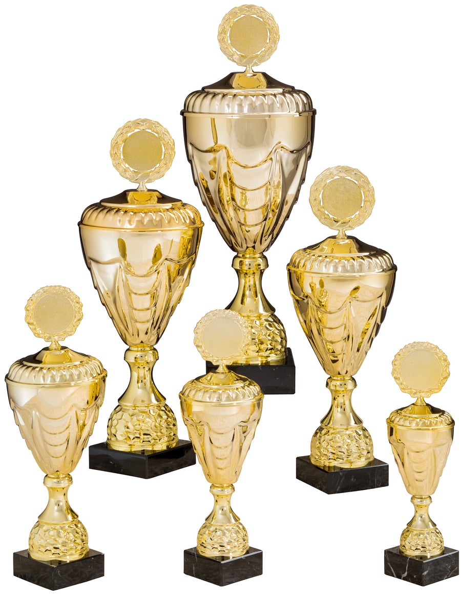 Sechs goldene Trophäen mit kunstvollem Design und schwarzem Sockel, versetzt angeordnet, wobei der mittlere Pokal (Coburg 6-er Pokalserie 275 mm – 508 mm PK757870-6-E50) der größte ist und die äußeren immer kleiner werden.