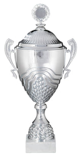 Ein großer silberner Pokal Bietigheim-Bissingen 4-er Pokalserie 412 mm – 516 mm mit verzierten Griffen und gemustertem Sockel steht auf einem weißen Sockel, der mit einem runden Emblem gekrönt ist.