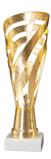 Thumbnail for Eine goldene Trophäe aus glänzendem Metall mit einem strukturierten, verwobenen Banddesign steht anmutig auf einem weißen Sockel und symbolisiert den ultimativen Wanderpokal Bochum 429 mm – 492 mm PK758770-W.