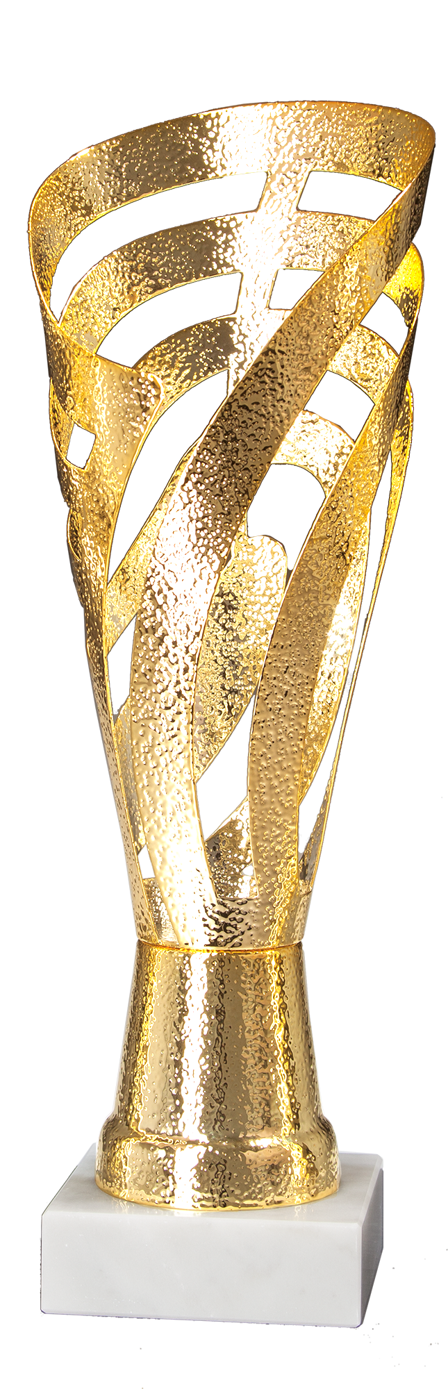 Eine goldene Trophäe aus glänzendem Metall mit einem strukturierten, verwobenen Banddesign steht anmutig auf einem weißen Sockel und symbolisiert den ultimativen Wanderpokal Bochum 429 mm – 492 mm PK758770-W.