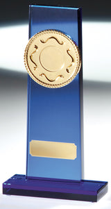 Glaspokal Mannheim, 3er-Serie 145–190 mm – blaue Glasstele mit rundem Goldemblem und Gravurschild, Einzelansicht