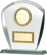 Glaspokal Bielefeld 200x165 mm – Glasplatte mit leerem goldenem Emblemfeld und Gravurschild mit Ornamentrahmen