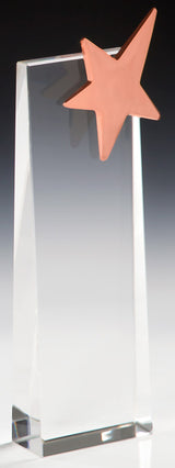 Thumbnail for Klare Glasstele mit bronzefarbenem Stern-Emblem an der oberen rechten Ecke vor grauem Verlaufshintergrund. Awards Potsdam 3-er Serie von POMEKI.