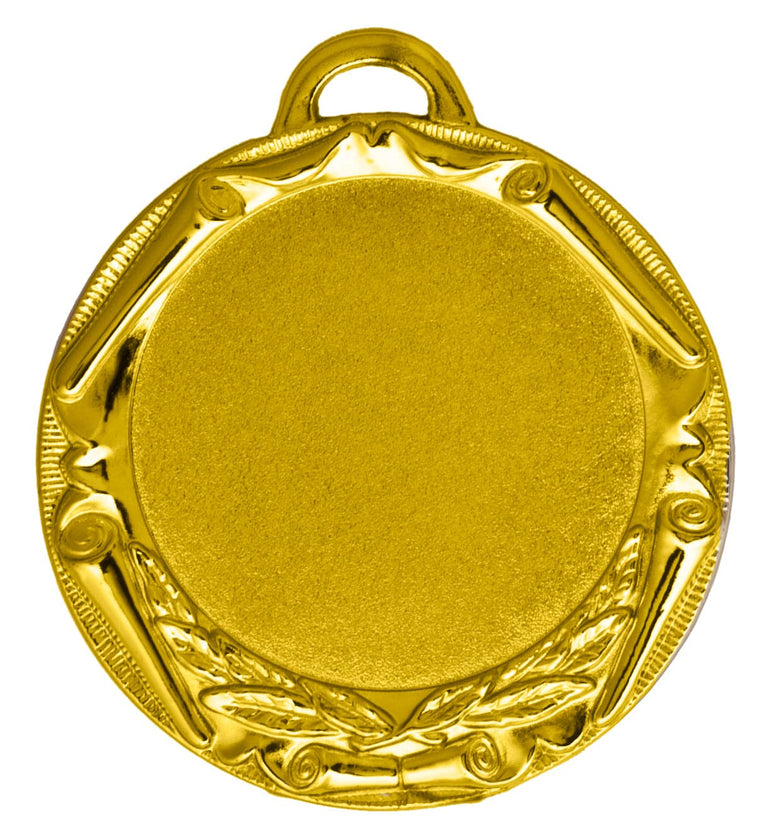 Eine 70 mm große Goldmedaille von Medaillen Norderstedt mit verziertem Rand und einer Schlaufe an der Oberseite, gefertigt aus hochwertigem Material und mit exklusivem Design.