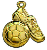 Thumbnail for Eine Fußball mit Schuh Medaillen Ludwigshafen 53x50 mm, mit einem exklusiven Design in Goldfarbe, in Form eines Fußballs und eines Schuhs und mit einer Schlaufe an der Oberseite zum Befestigen an einer Halskette oder einem Schlüsselanhänger.