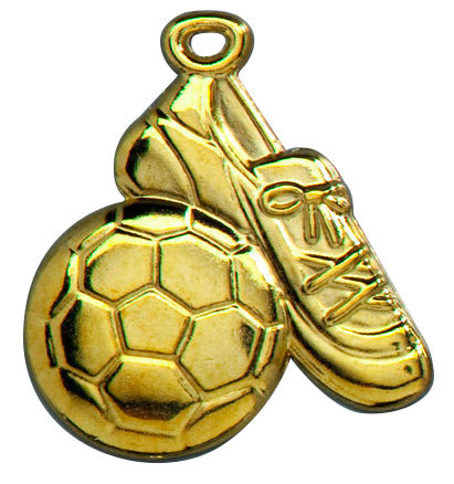 Eine Fußball mit Schuh Medaillen Ludwigshafen 53x50 mm, mit einem exklusiven Design in Goldfarbe, in Form eines Fußballs und eines Schuhs und mit einer Schlaufe an der Oberseite zum Befestigen an einer Halskette oder einem Schlüsselanhänger.