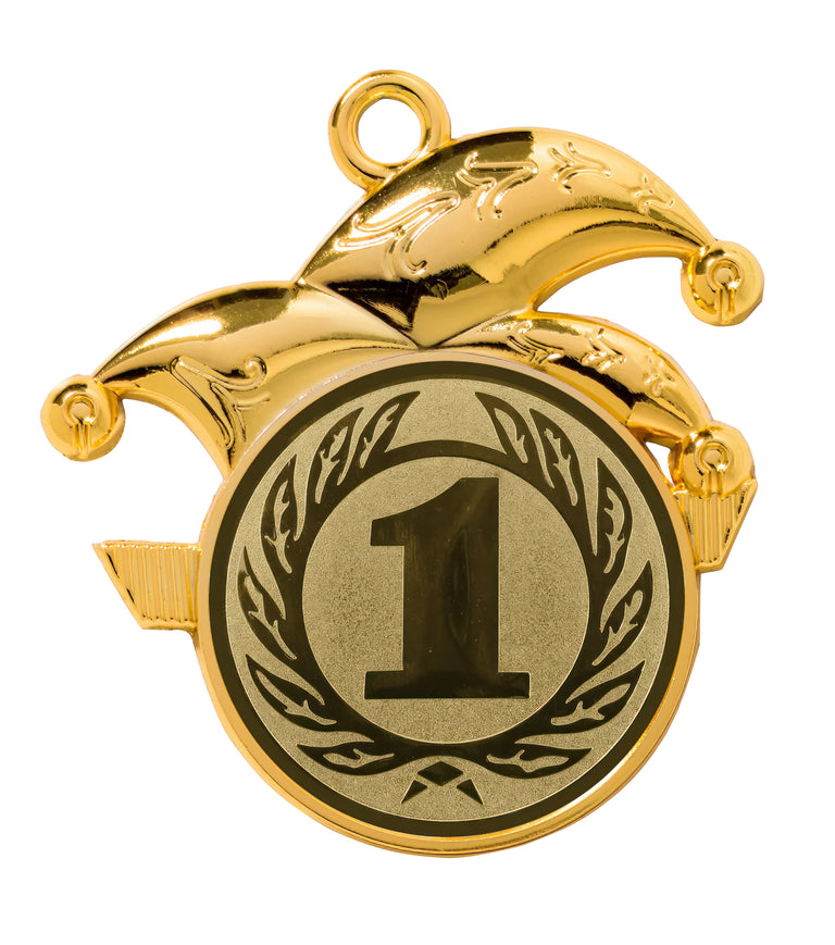 Die Karnevalsmedaillen Leverkusen 80 x 80 mm sind eine Goldmedaille aus hochwertigem Material, mit einer großen „1“ in der Mitte und einem exklusiven Design eines Narrenhuts an der Spitze.