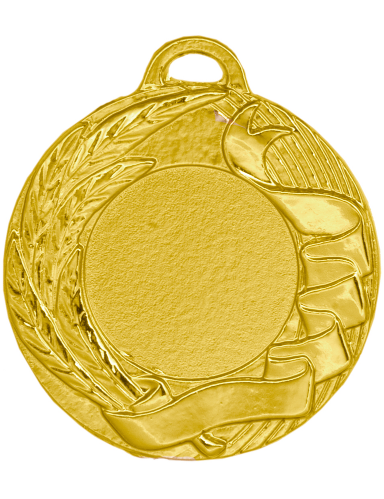 Eine goldene Medaillen Recklinghausen 45 mm mit leerem Mittelbereich, geschmückt mit Lorbeerblättern und einem exklusiven Designband an den Rändern.