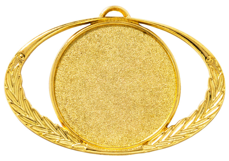 Die Medaillen Fürth 92 x 57 mm zeigen eine Goldmedaille mit einem zentralen leeren kreisförmigen Bereich, umgeben von einem offenen ovalen Design mit Blattmustern auf beiden Seiten, gefertigt aus hochwertigem Material.