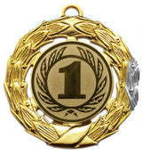 Thumbnail for Das Modell Medaillen Mannheim 85 mm verfügt über ein Goldfinish mit der Zahl Eins in der Mitte, umgeben von einem exklusiven Lorbeerkranzdesign, wodurch ein zeitloses Andenken entsteht.