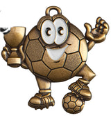 Thumbnail for Eine Cartoon-Fußballfigur aus hochwertigem Material und exklusivem Design hält eine Trophäe in der Hand und stellt einen Fuß auf einen Fußball. Diese bezaubernde Szene wird mit der Fußball-Medaille Gelsenkirchen 47x44 mm perfekt eingefangen.