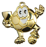 Thumbnail for Die Fußball-Medaillen Gelsenkirchen 47 x 44 mm zeigen eine goldfarbene, aus hochwertigem Material gefertigte Fußball-Cartoon-Figur, die eine Trophäe hält, auf einem kleineren Fußball steht und fröhlich lächelt.
