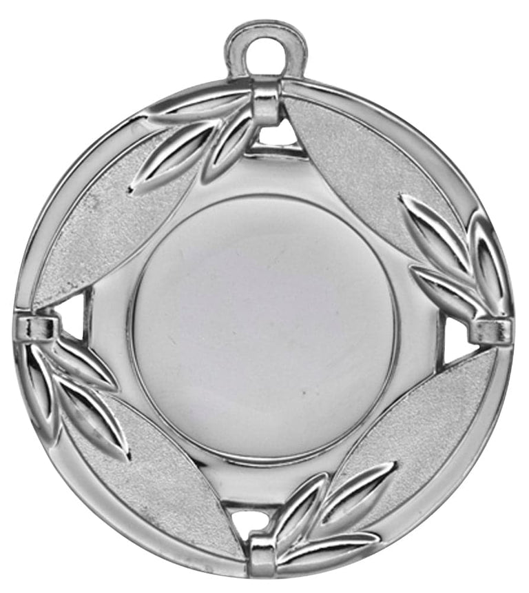 Silbermedaille mit kreisförmigem Design und vier Blattmotiven am Rand, die das exklusive Design von Medaillen Hanau 50 mm zeigt.