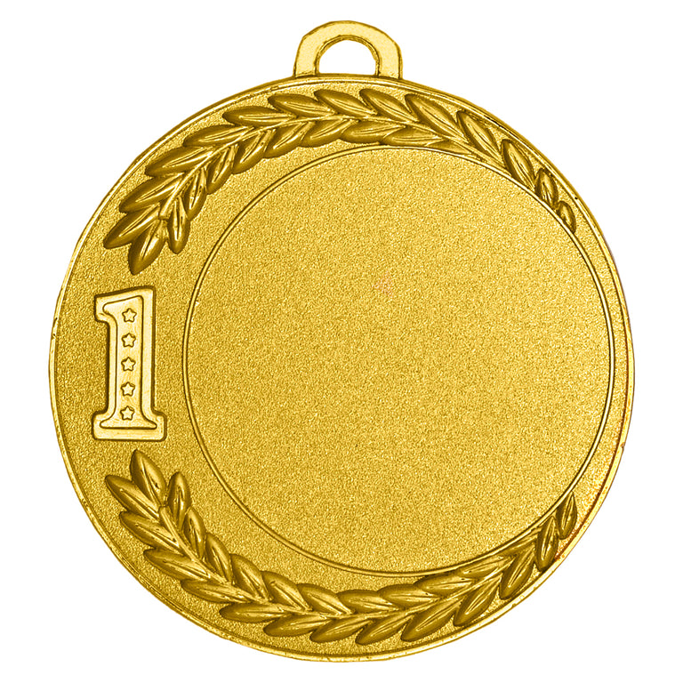 Goldmedaille mit der Nummer Eins und einem Lorbeerkranz; die Mitte bleibt leer. Medaillen Worms 70 mm von POMEKI.