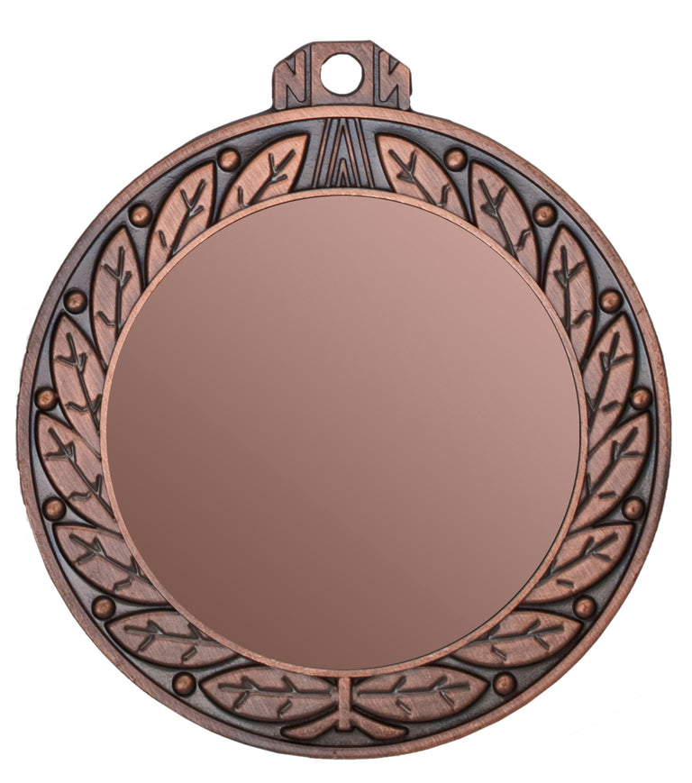 Bronzefarbene runde Medaille mit Blattkranz-Rand, leerer glänzender Mitte und Öse zum Aufhängen. Medaillen Offenbach 70 mm von POMEKI.