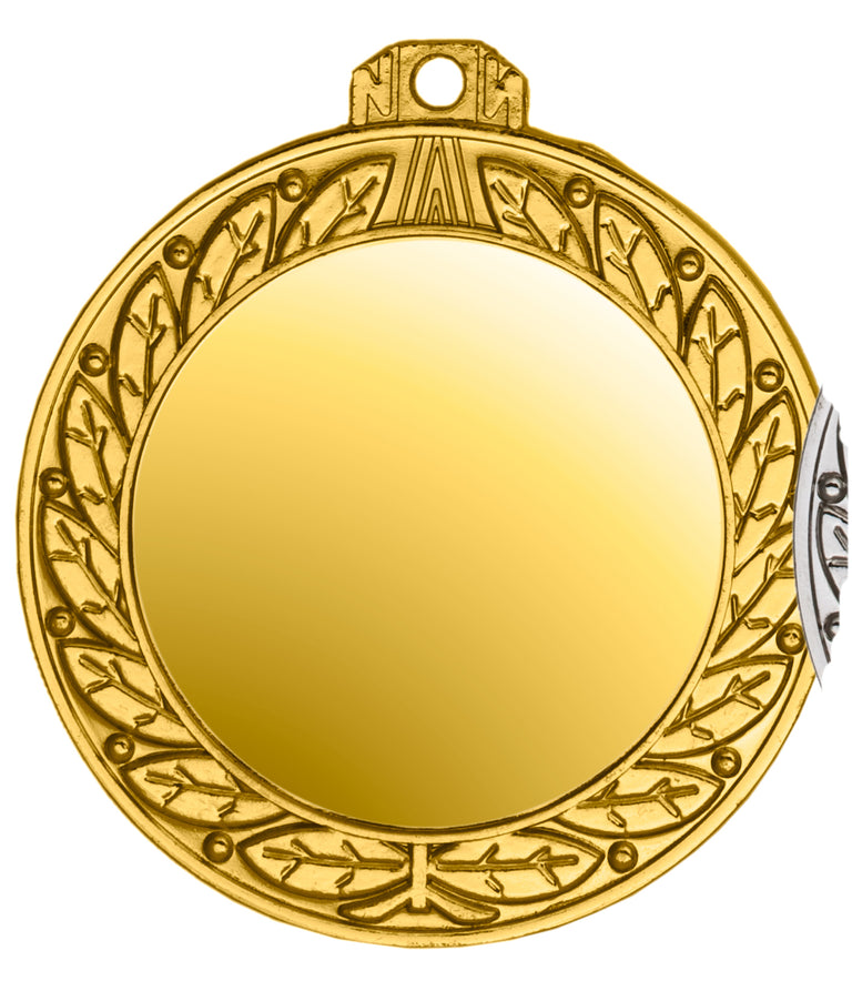 Goldfarbene runde Medaille mit Blattkranz-Rand, leerer glänzender Mitte und Öse zum Aufhängen. Medaillen Offenbach 70 mm von POMEKI.
