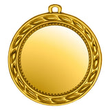 Goldfarbene runde Medaille mit Blattkranz-Rand, Perlring und leerer glänzender Mitte. Medaillen Minden 70 mm von POMEKI.