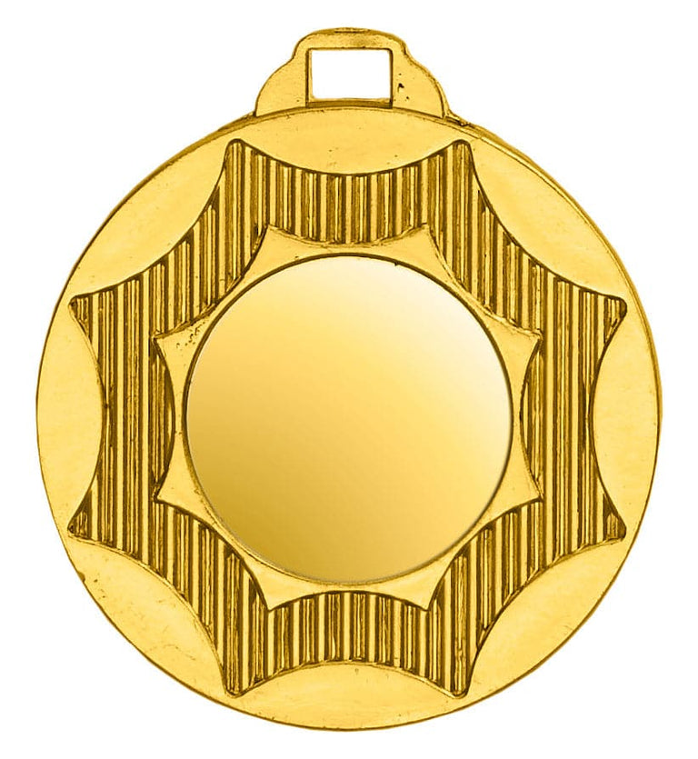 Die Medaillen Düren 50 mm ist eine runde Goldmedaille mit einem strukturierten Muster am äußeren Rand und einer glatten, leeren Mitte. Sie besteht aus hochwertigem Material und exklusivem Design und hat oben eine kleine rechteckige Schlaufe zum Befestigen eines Bandes.